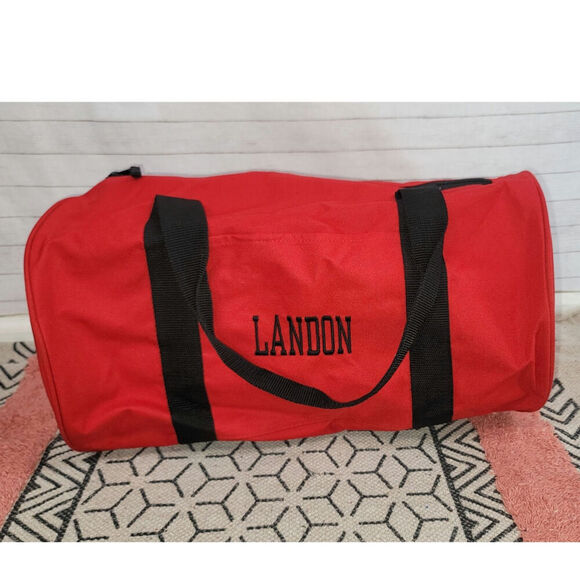 THIRTY-ONE BAGS SMALL RED DUFFLE TOTE BAG IN RED, W "LANDON" in BLACK - Picture 2 of 16